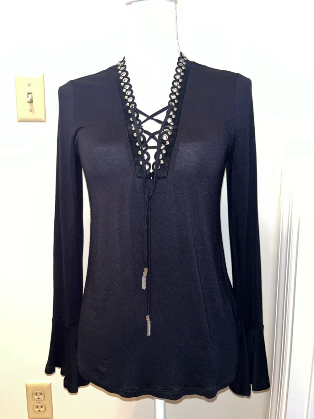 MICHAEL Michael Kors Black Eyelet Lace-Up Long Sleeve Top